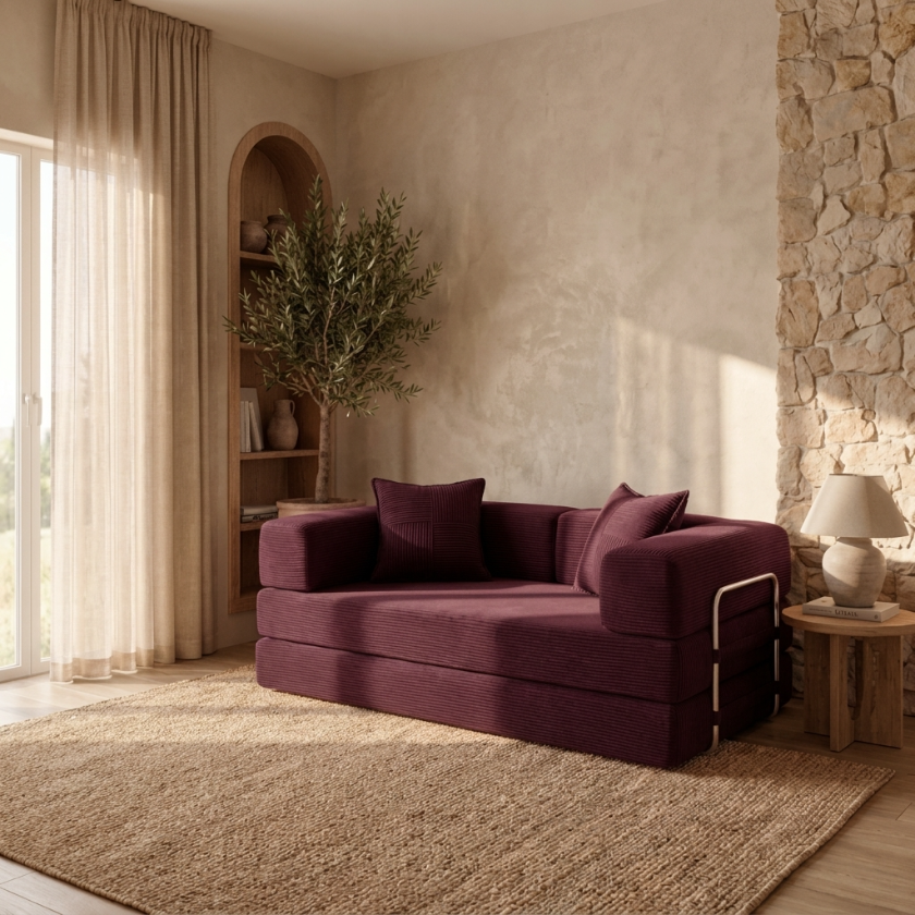 ELYROA One Corduroy Sofa Bed – Deep Cherry