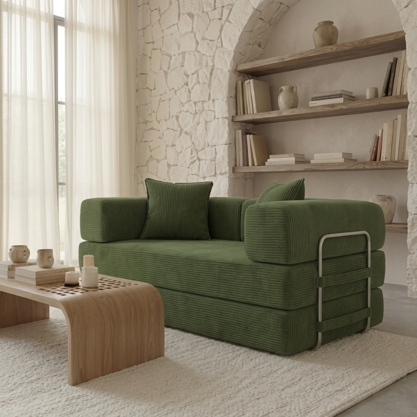 ELYROA One Corduroy Sofa Bed - Moss Green